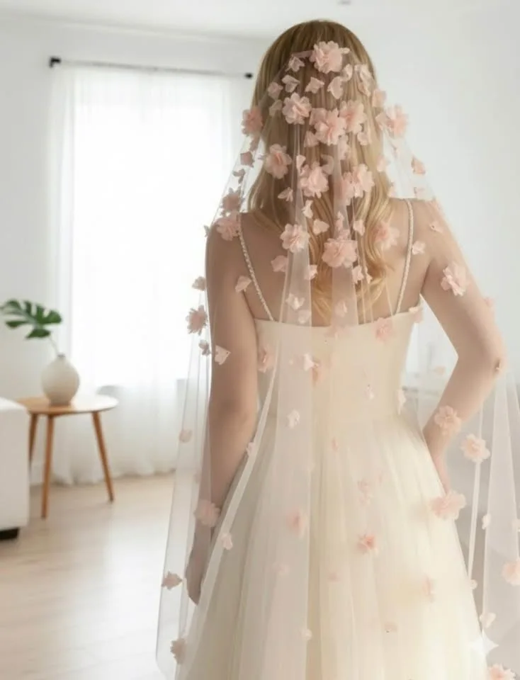 Peach Pearl Flower Fingertip Veil