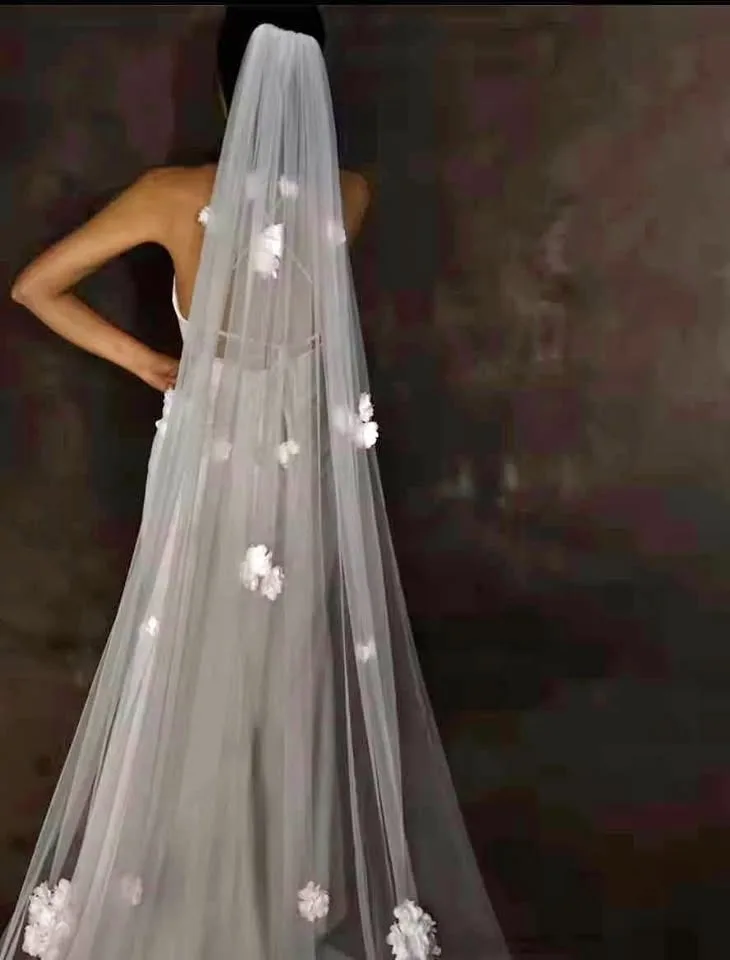 Soft white chiffon Floral Veil - floor length