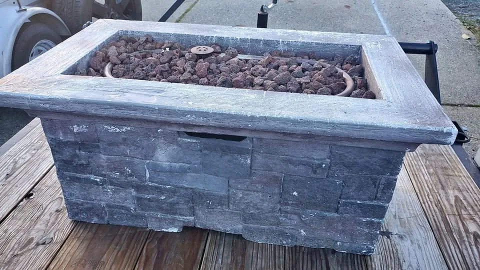 Stone patio firepit propane apartment size patio.