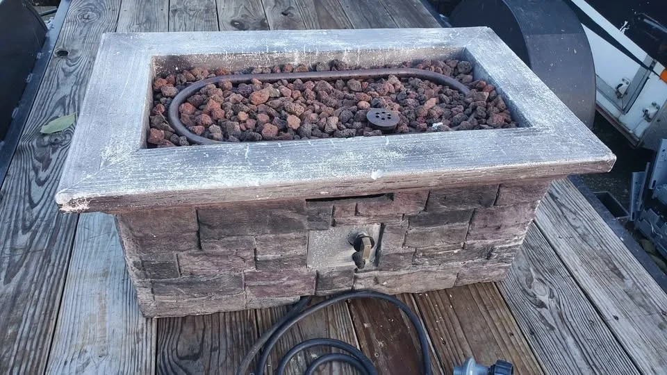 Stone patio firepit propane apartment size patio. image indicator(2)