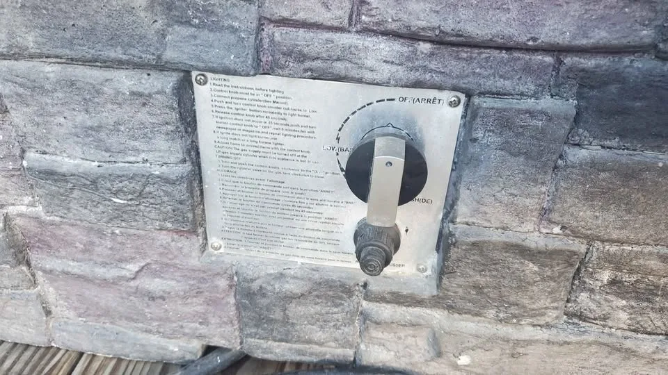 Stone patio firepit propane apartment size patio. image indicator(5)