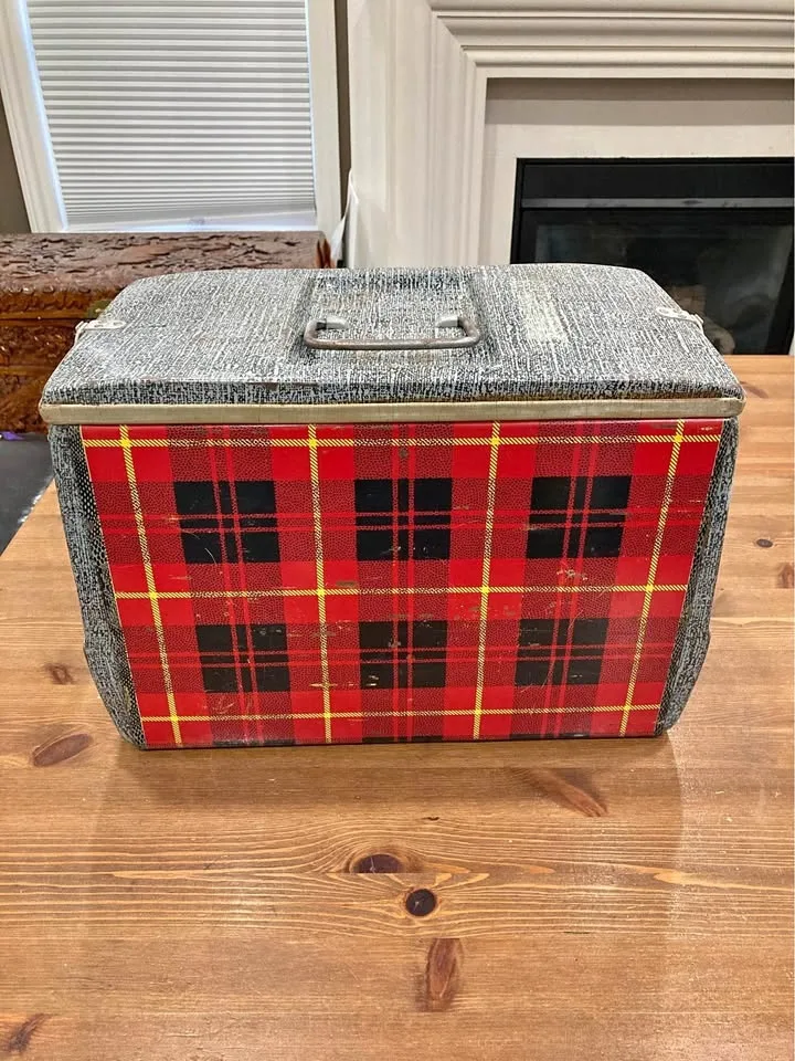 Vintage Metal Tartan Plaid Storage Box / Picnic Cooler