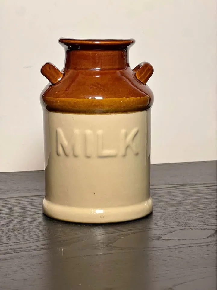 Stoneware Brown/Tan Milk Crock Jug 7" Farmhouse Decor
