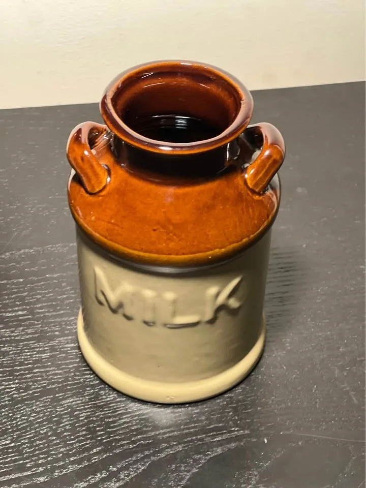 Stoneware Brown/Tan Milk Crock Jug 7" Farmhouse Decor image indicator(2)