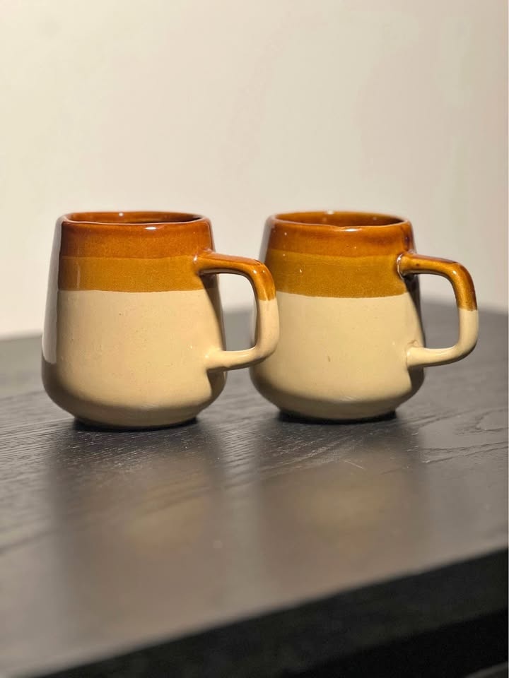 Vintage Stoneware Coffee Mugs, Rustic Brown and Beige