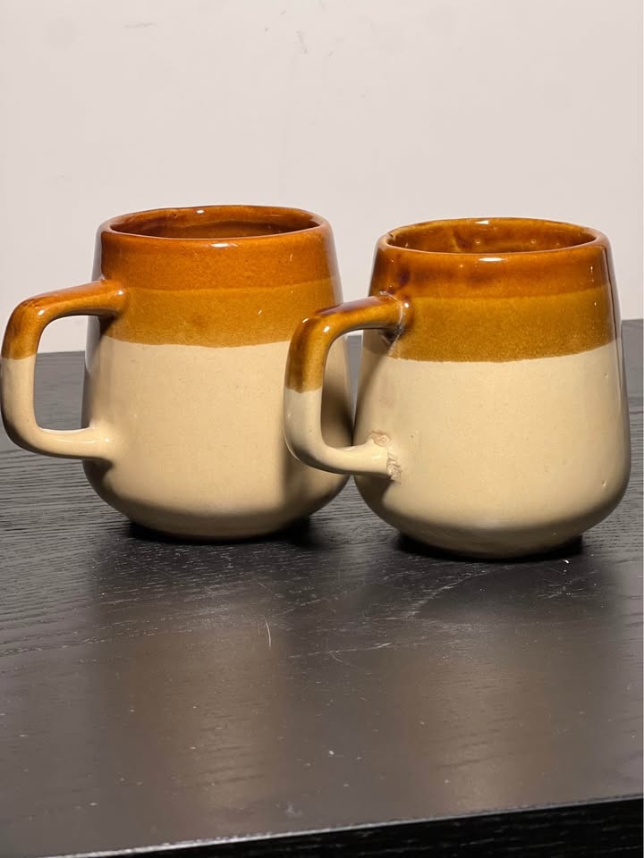 Vintage Stoneware Coffee Mugs, Rustic Brown and Beige - photo 3