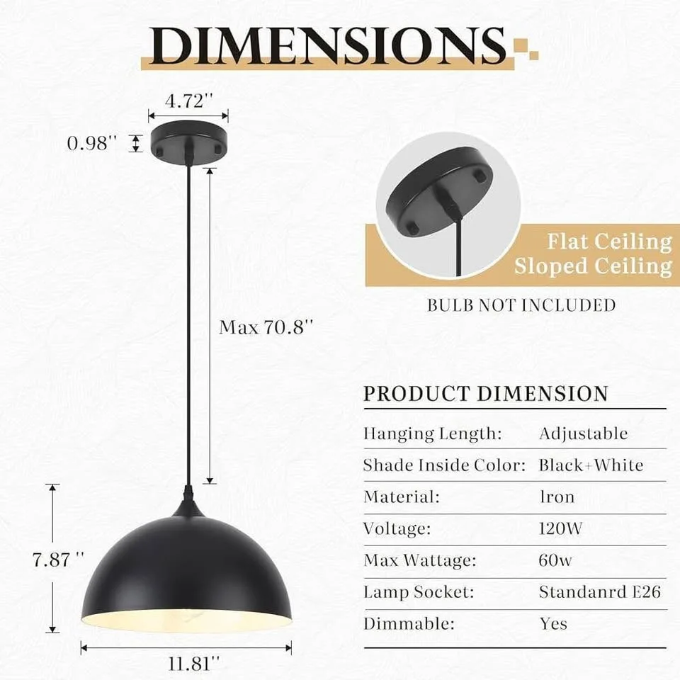 Black Pendant Light, 11.8 inch Black and White Dome... image indicator(2)