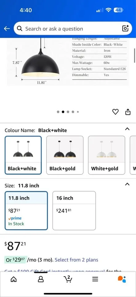 Black Pendant Light, 11.8 inch Black and White Dome... image indicator(5)