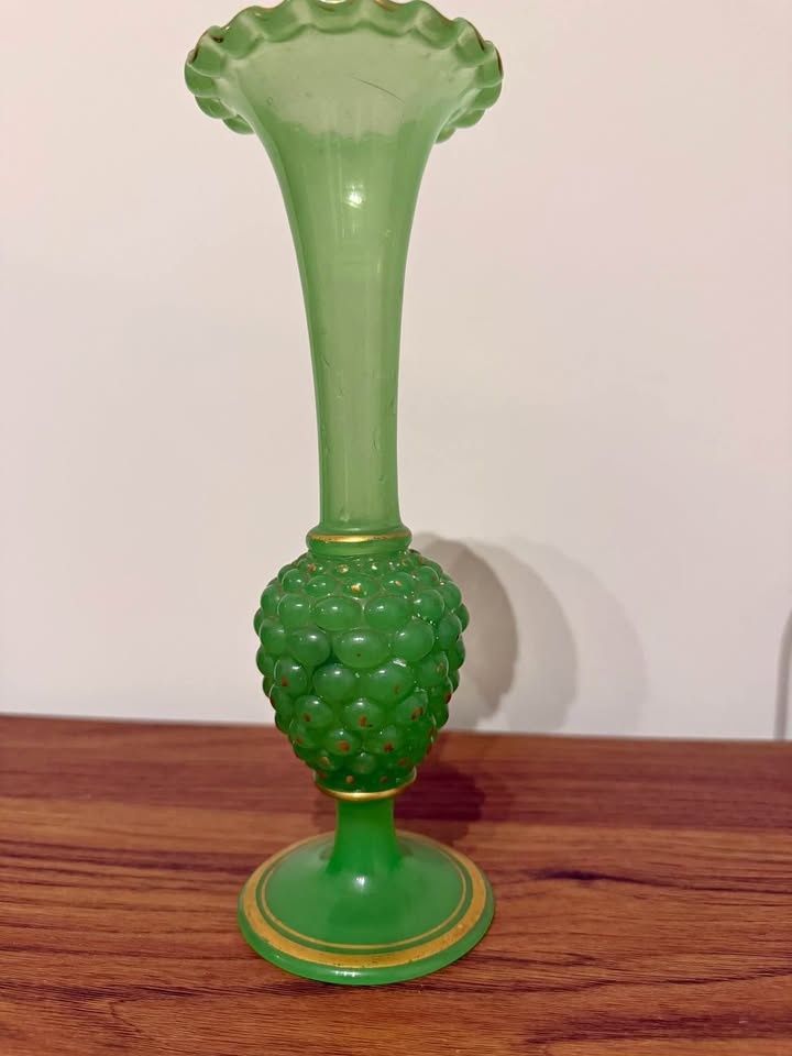 Antique French opaline glass vase in jade-green color