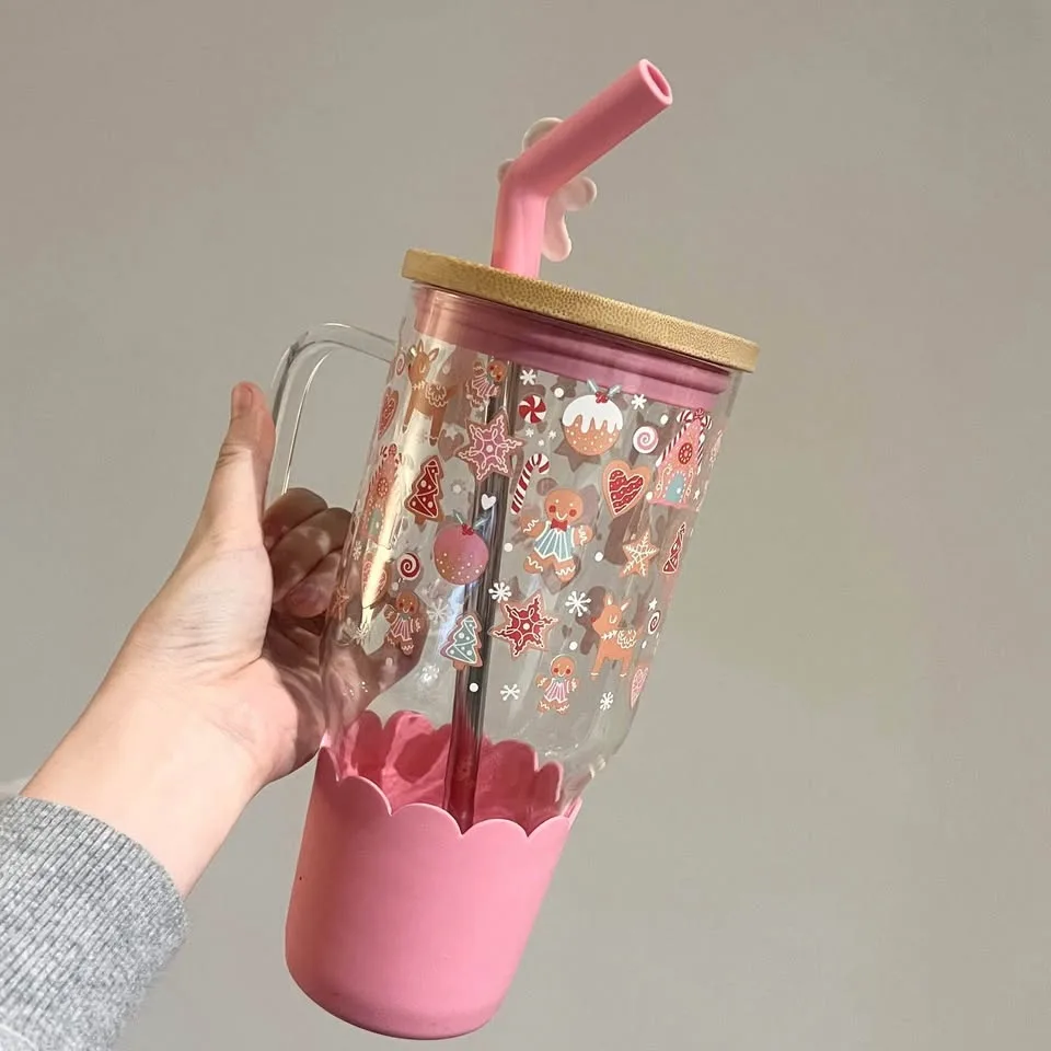 Pink Gingerbread Christmas Glass Tumbler Mug with straw image indicator(2)