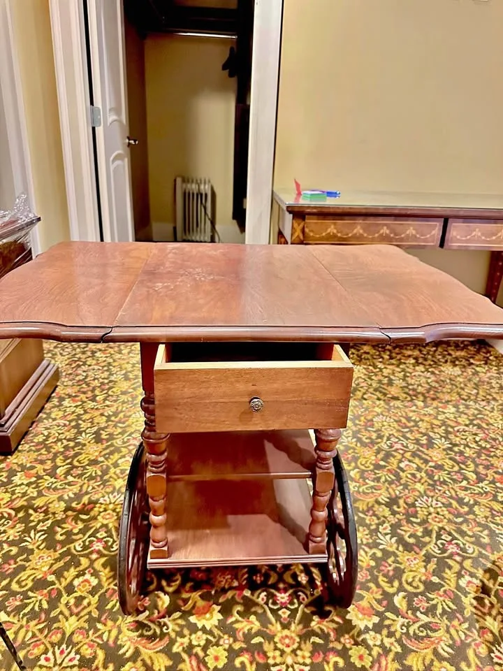 Vintage Wooden Drop-Leaf Tea Cart with Drawer & Wheels
