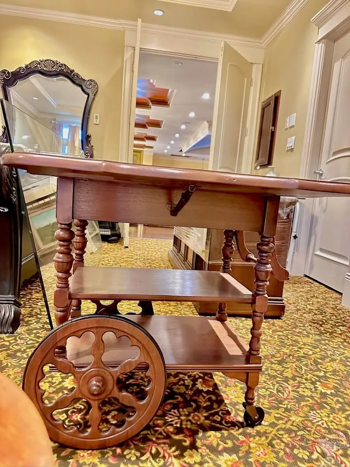 Vintage Wooden Drop-Leaf Tea Cart with Drawer & Wheels image indicator(3)