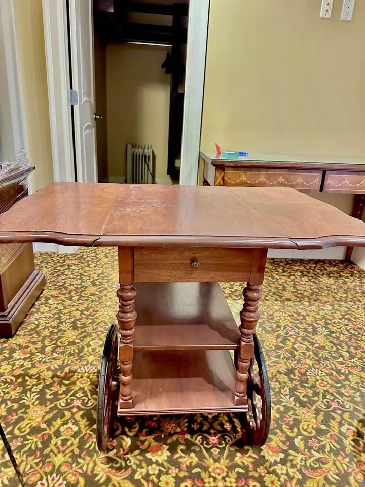 Vintage Wooden Drop-Leaf Tea Cart with Drawer & Wheels image indicator(4)