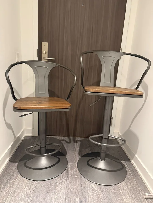 Bouclair Solid Elm Wood and Metal Bar Stool Set