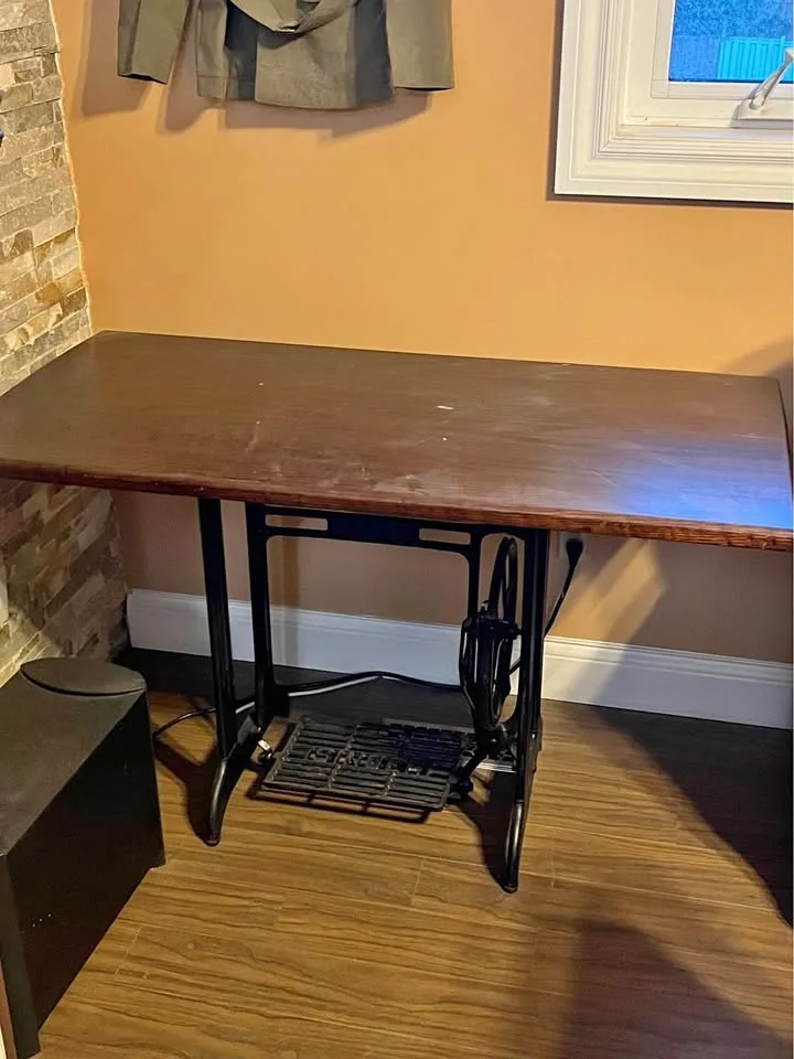 Pine top table on sewing machine base