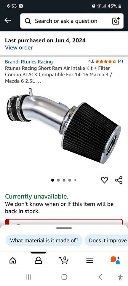 Rtunes cold air intake for mazda/ford 2.5