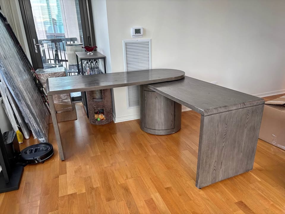 CB2 Twist 64" Grey Ash Rotating Desk with Storage
