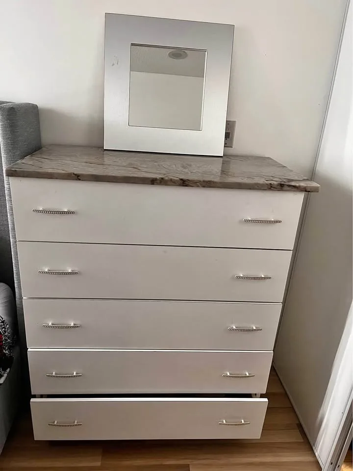 White 5-Drawer Dresser With Marble-Look Top + Matching Mirror
