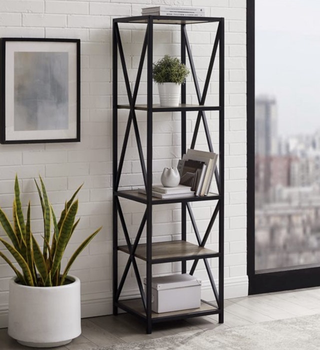 Brand New in Box Metal X Tower w/ wood shelves, Grey Wash