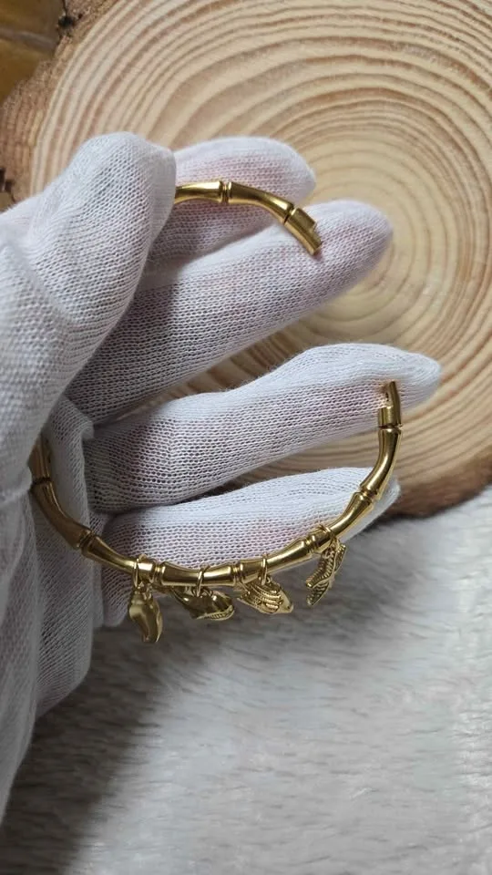 Stainless steel Gold plated bamboo Bangle Design Charms image indicator(5)