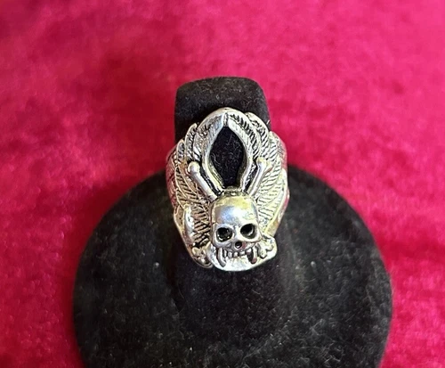 Size 5 Deadstock Vintage G&S Silver Winged Skull Ring - photo 2