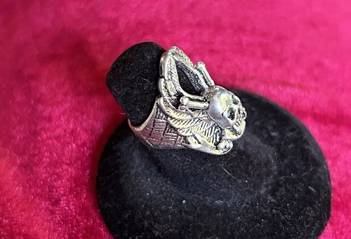 Size 5 Deadstock Vintage G&S Silver Winged Skull Ring - photo 3