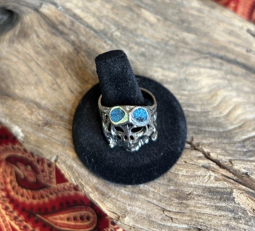 Size 13 VTG DEADSTOCK SILVER PLATED TURQUOISE AVIATOR SKULL RING - photo 2