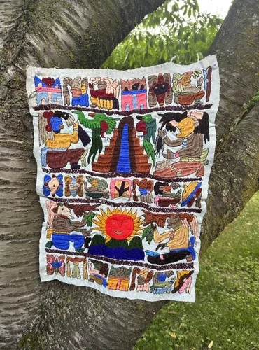 Handmade Embroidered Mayan Tapestry Guatemalan Fabric Art Sun