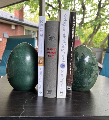 Hand Carved Vintage Green Genuine Alabaster Egg Bookends