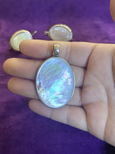 Vintage 925 Silver Mother of Pearl Pendant & Earrings - photo 3
