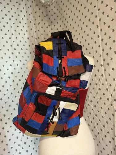 Vintage 80s Multicolour Leather Patchwork Backpack image indicator(2)
