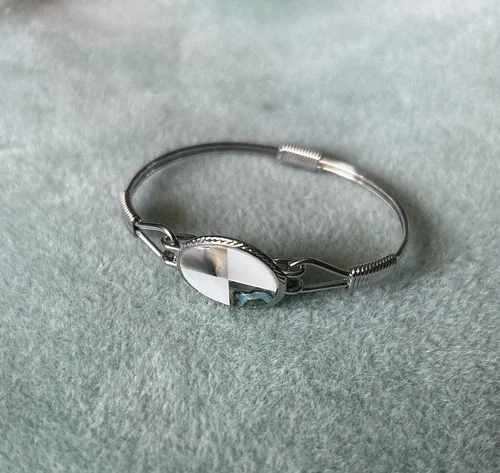 VTG DEADSTOCK STAINLESS STEEL ABALONE SHELL BANGLE BRACELET
