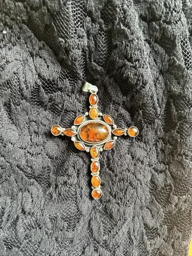 Vintage Sterling Silver Baltic Amber Cross Pendant