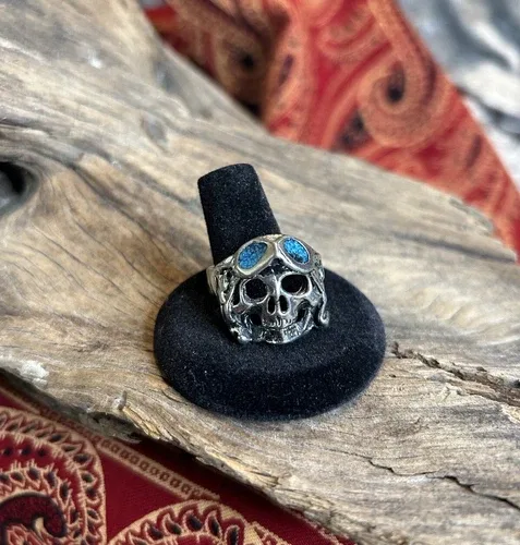 Size 11.5 VTG DEADSTOCK SILVER PLATED TURQUOISE AVIATOR SKULL RI