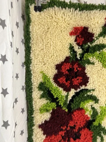 Vintage MCM Latch Hook Wall Hanging Red Floral image indicator(2)