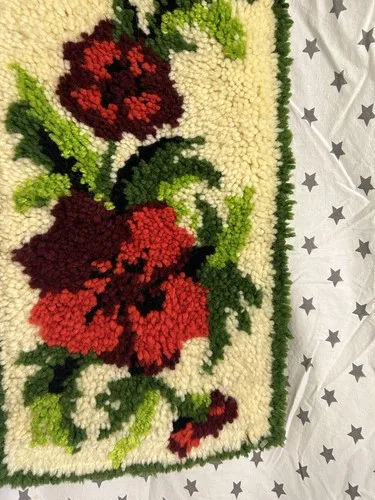 Vintage MCM Latch Hook Wall Hanging Red Floral image indicator(3)