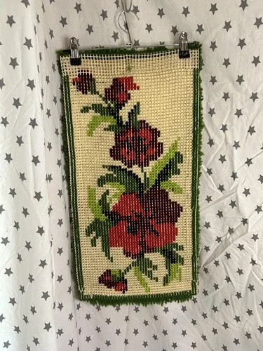 Vintage MCM Latch Hook Wall Hanging Red Floral image indicator(4)