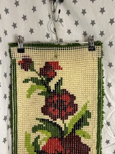 Vintage MCM Latch Hook Wall Hanging Red Floral image indicator(5)