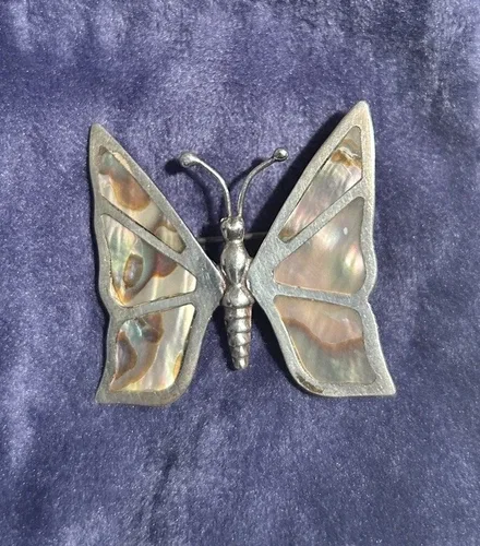VTG STERLING SILVER 925 MEXICO ABALONE BUTTERFLY PIN