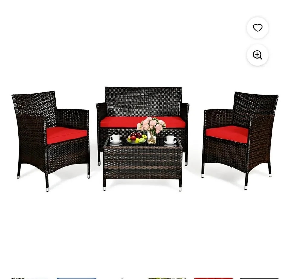 Costway 4PCS Rattan Patio Furniture Set Cushioned Sofa Red