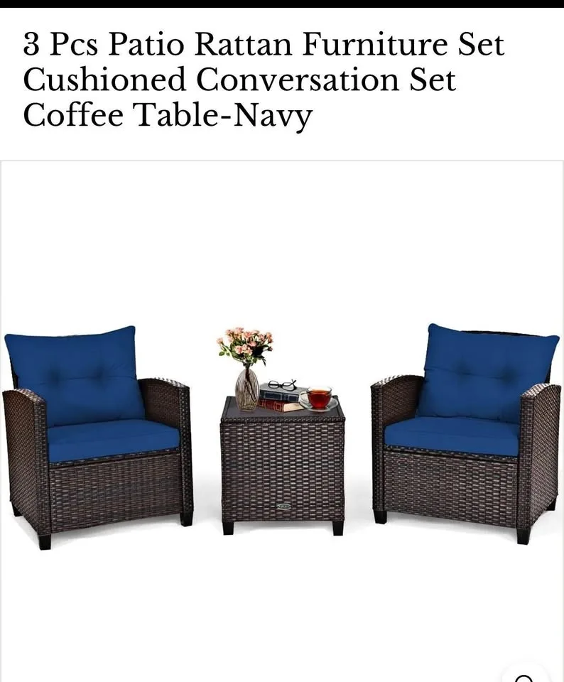 3 Pcs Patio Rattan Furniture Set Coffee Table - Navy