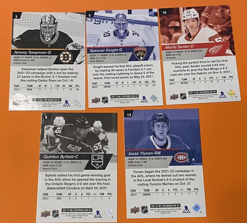2021-22 UD Star Rookies Set (5 Card Lot) Seider, Swayman, Knight - photo 2