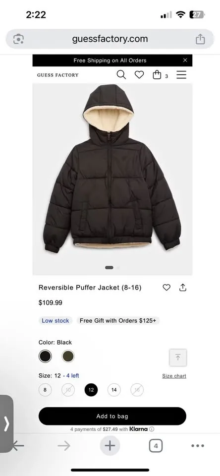 New Guess Reversible jacket kids size 12