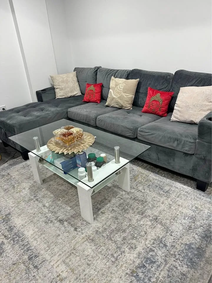 FULL SET – Sofa + Glass Table + Rug + cushions