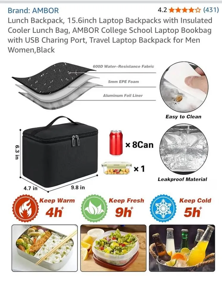 AMBOR Lunch Backpack, 15.6inch Laptop Backpack - New image indicator(3)