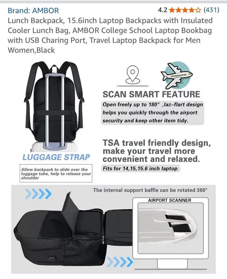 AMBOR Lunch Backpack, 15.6inch Laptop Backpack - New image indicator(4)