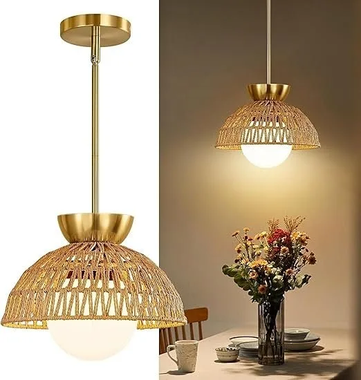 Gold Rattan Boho Pendant Light #Cleanout