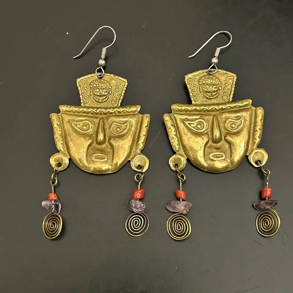 Vintage Pre-Columbian Style Brass Earrings #Cleanout