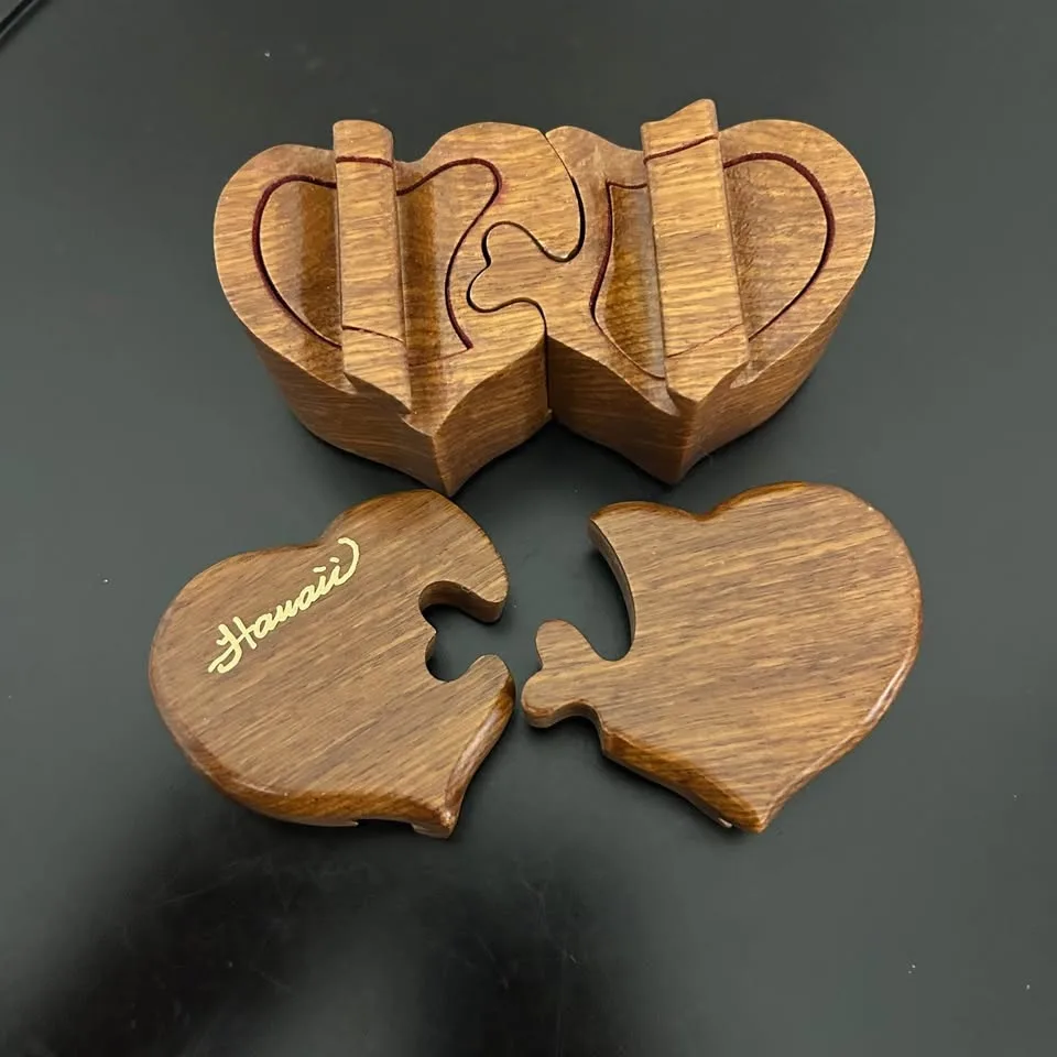 Hand-Carved Hawaii Small Wooden Puzzle Hearts Trinket Box image indicator(4)