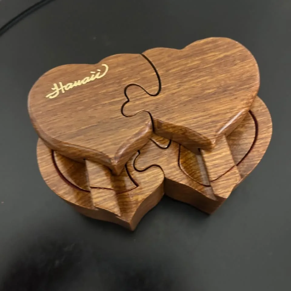 Hand-Carved Hawaii Small Wooden Puzzle Hearts Trinket Box image indicator(5)